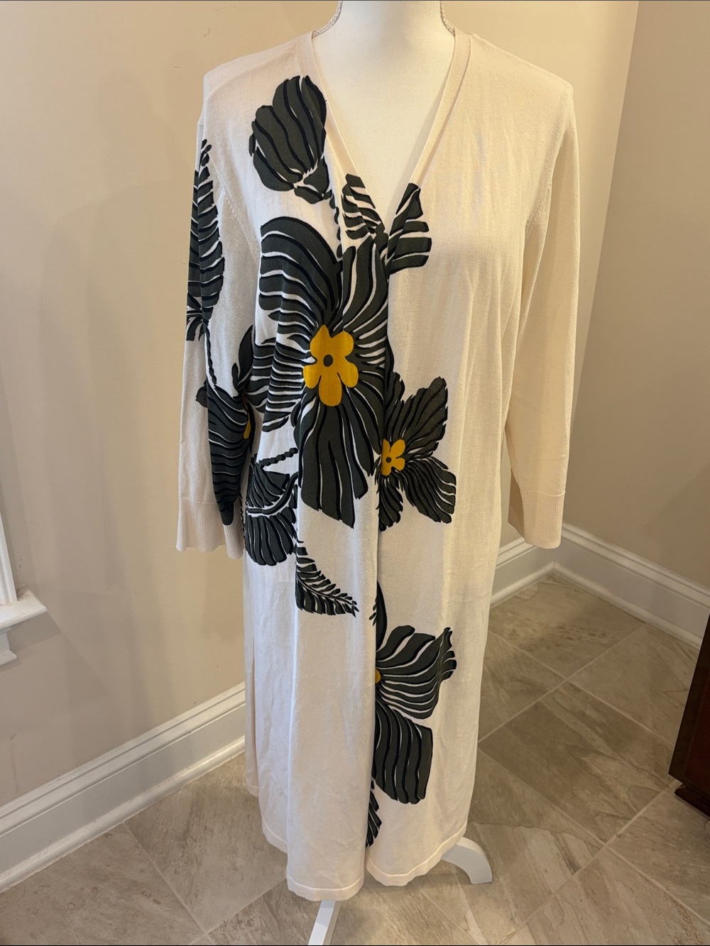 Chico's NWT Cream Long Floral Cardigan with Black and Yellow Motif